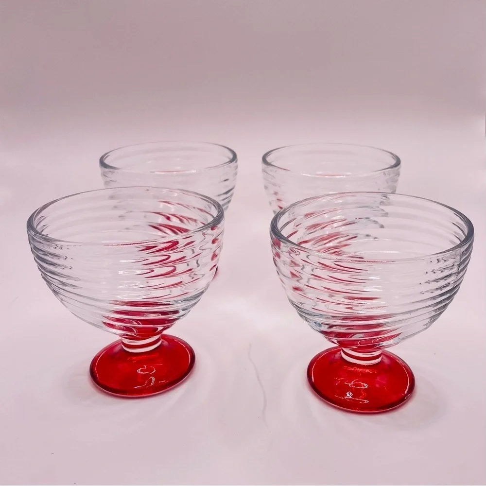 4 Vintage - ARC Swirl MCM / Ribbed Pedestal Dessert Glass Dish Flashed Red Base